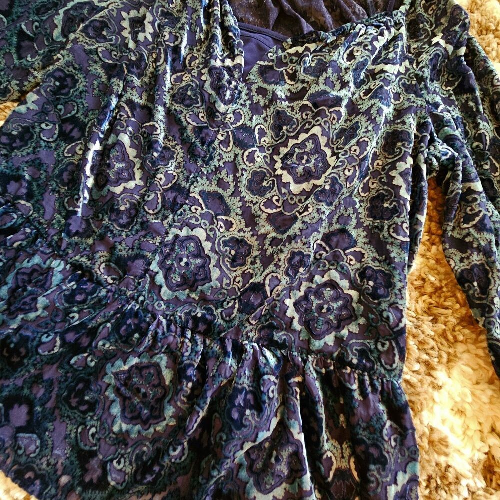 Faded Glory Womens L Velvet Burnout Peplum Top Fairy Gothic Whimsigoth - Picture 3 of 8